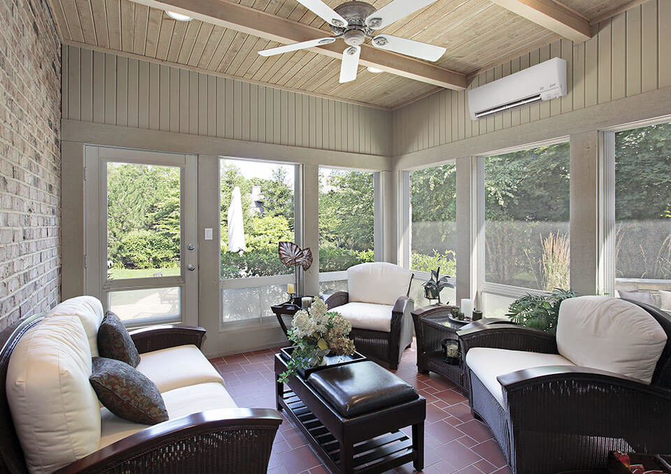 Mitsubishi Ductless System installed in a sunroom in Palos Park, IL provides comfortable air all year round